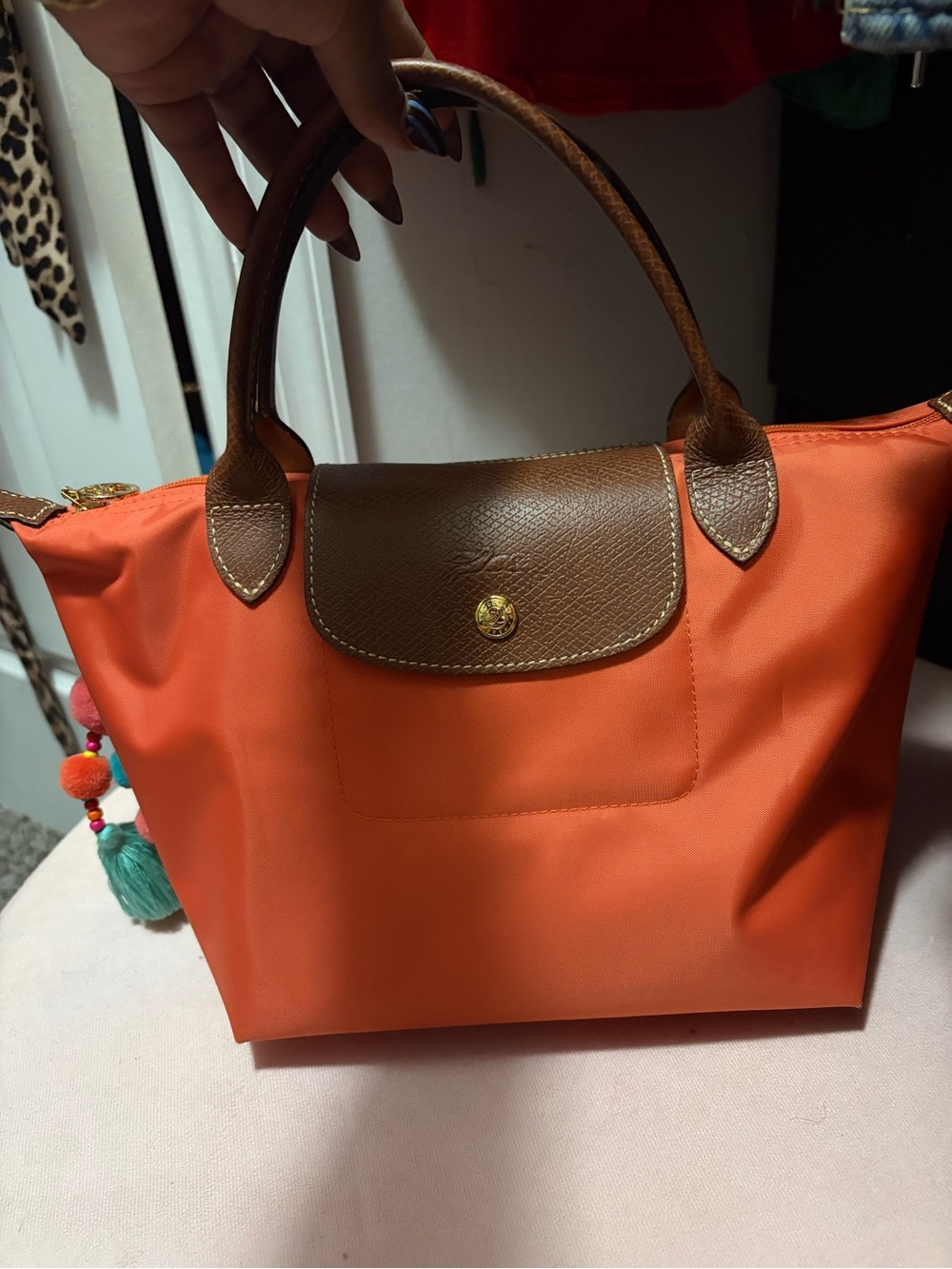 Longchamp Orange Tote with Brown Trim